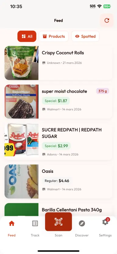 BarcodeVibe feed with grocery products, specials, and Products and Spotted tabs.