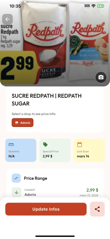 BarcodeVibe product result showing a scanned grocery item, price, and last scan date