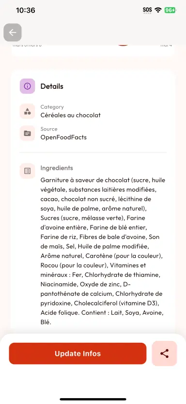 BarcodeVibe product details screen showing category, source, ingredients, and product information.
