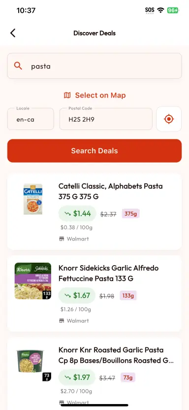 BarcodeVibe Discover Deals screen with a pasta search, postal code, and deal results.