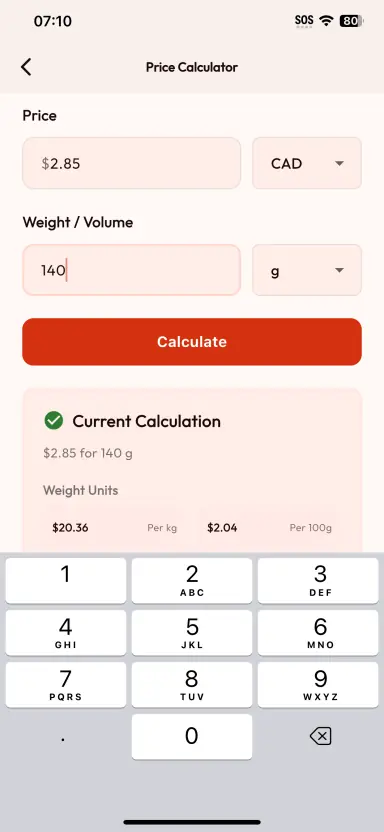 BarcodeVibe results showing grocery prices per 100 grams