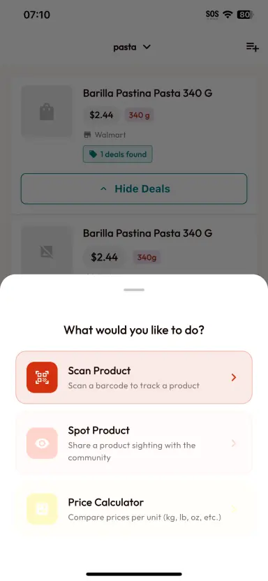 BarcodeVibe screen offering actions to scan a product, spot a product, or open the price calculator.