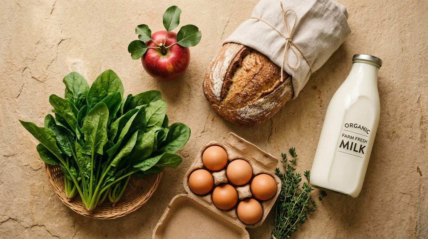 Épinards, pomme, pain, œufs et bouteille de lait disposés vus d'en haut.