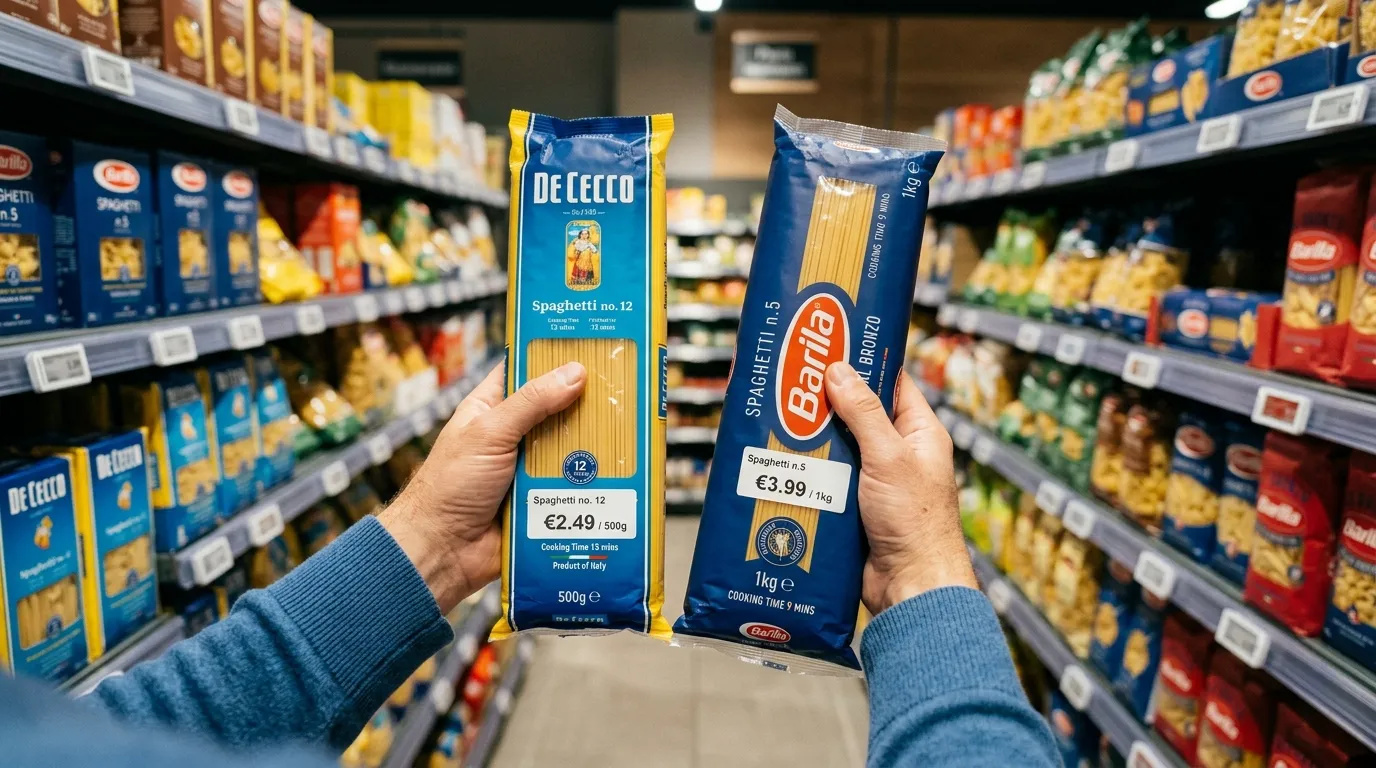 A shopper compares two pasta packages and their shelf prices in a store aisle.